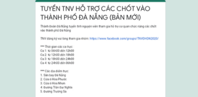 Thông báo tuyển tình nguyện viên các chốt vào TP Đà Nẵng tháng 3/2020